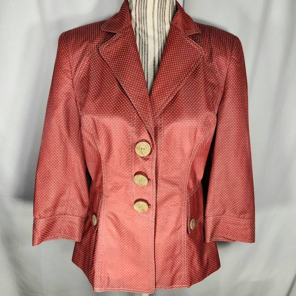Earl Rutenberg Red w/Tan Dots 3/4 Sleeve Lined Blazer Jacket Size 4